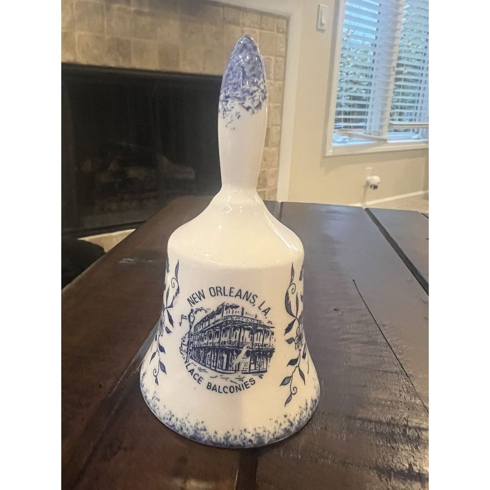 New Orleans, LA Souvenir Porcelain Bell Lace Balconies, Blue & White, Japan 4.5"